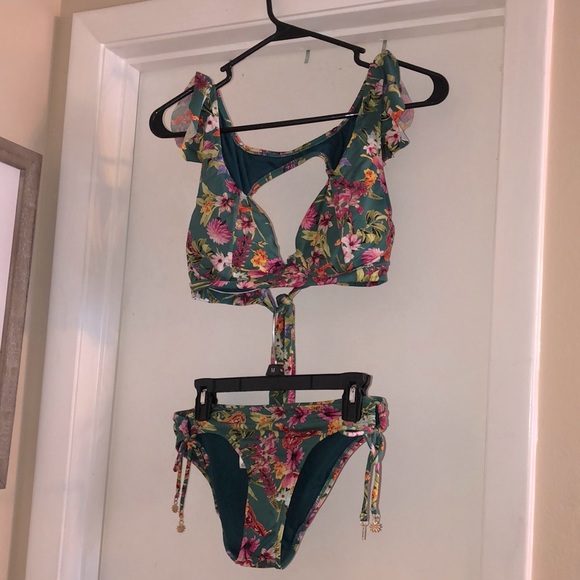 Green floral Jessica Simpson bikini- top M bottom L - Picture 1 of 7